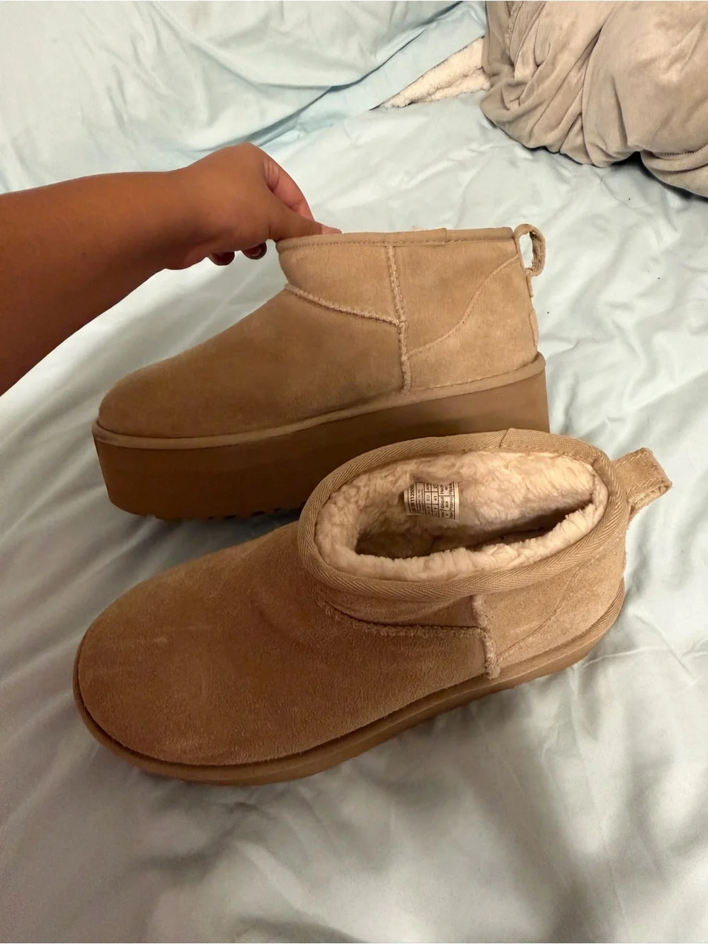 UGG Tan Suede sand Platform mini boots  worn once basically new